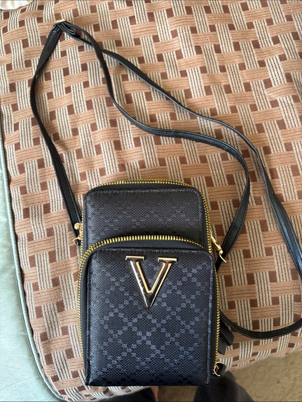 Black Crossbody Mini Bag with Gold V Logo
